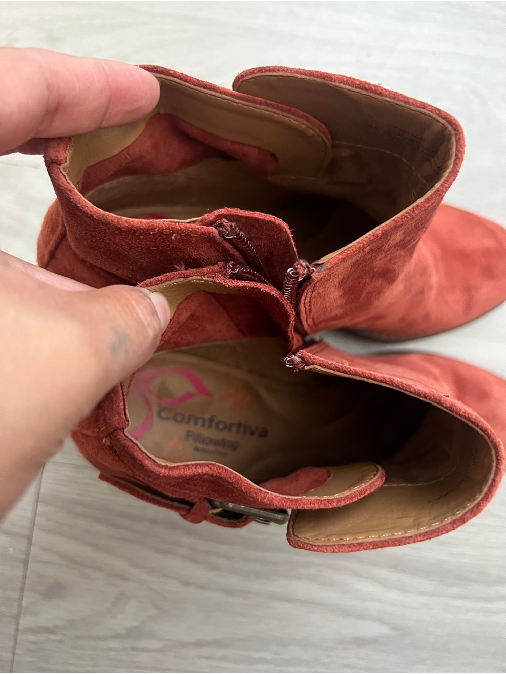 Comfortiva Rust Red Leather Suede Ankle Boots Buckle Booties Size 8M - Picture 10 of 11